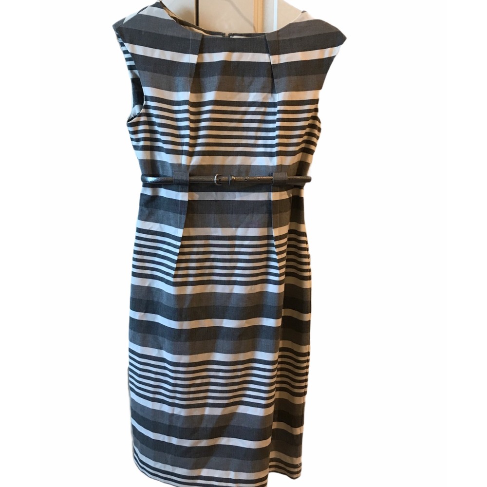 Calvin Klein Belted Dress Gray White Striped Sleeveless Casual Business Size 8